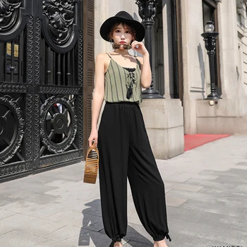 

Women Comfy Harem Pants Mid Waist Elastic Pants Loose Straight Casual Long Trousers