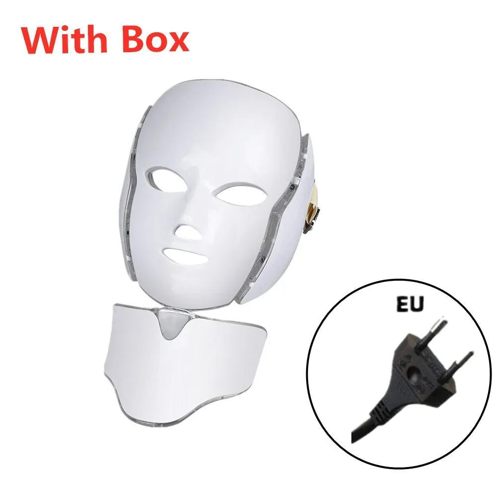 Новейшая модель; 3/7 цветов Электрический светодиодный маска для лица с шеи омоложения кожи против акне, морщины Красота обработки для использования дома и в салоне - Цвет: EU with box