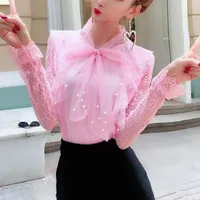 Spring Autumn Women Long Sleeve Blouse Tie Bow Hollow Out Lace Shirt Female Sweet Beading Mesh Blouses Short Bottom Tops AB1745 1