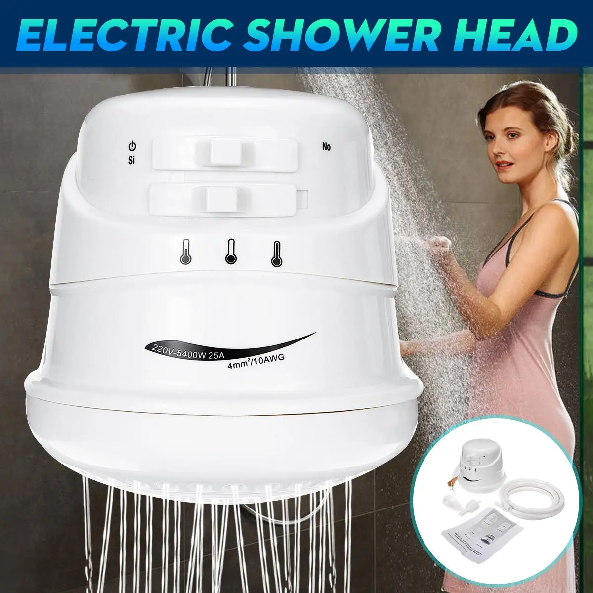 5400W Water Heater 110V/220V Electric Shower Head Bathroom Instant Hot Water Heater Temperature Adjustable With 2m Water Pipe
