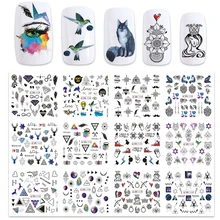 12 типов переводных наклеек для ногтей, цветочный лист, животное, глаз, сердце, леди, черный, белый, геометрический дизайн ногтей, Декор, слайдер, LABN1129-1140