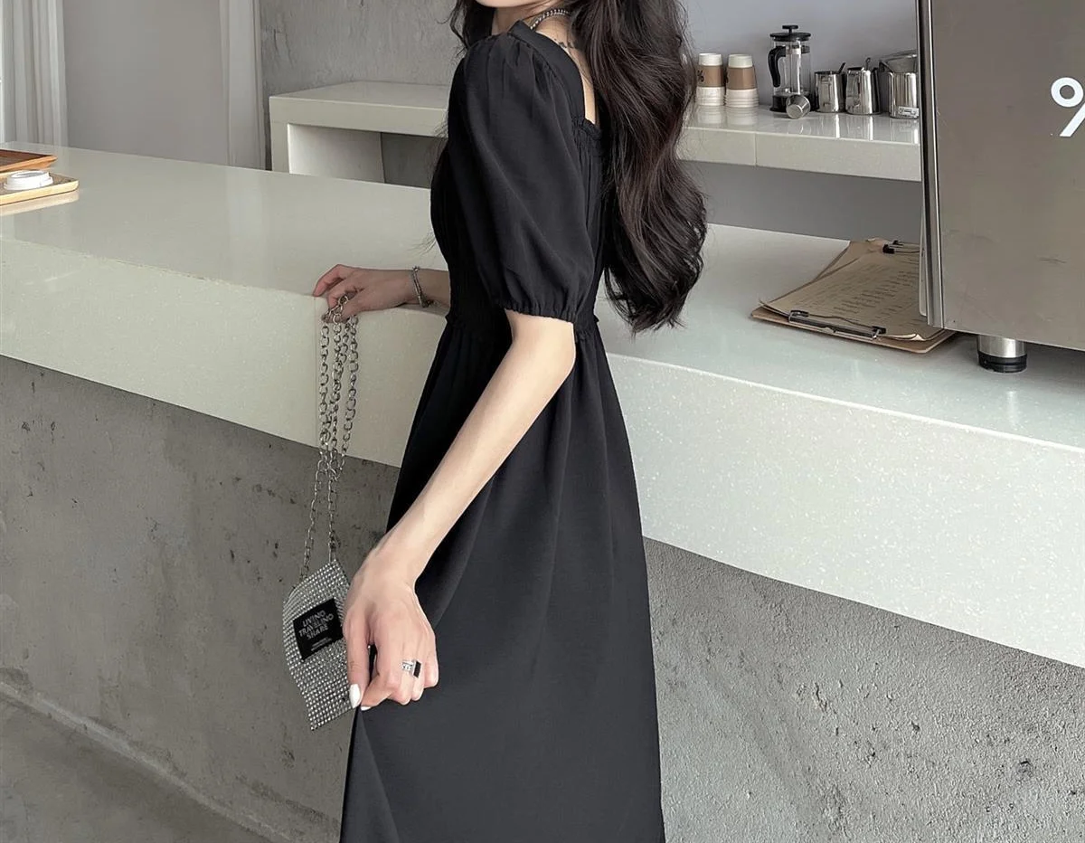 HOUZHOU Black Vintage Midi Dress Elegant Women Dresses Square Collar Puff Sleeve Oversized Loose Casual Sundress Female Robe HOUZHOU Black Vintage Midi Dress Elegant Women Dresses Square Collar Puff Sleeve Oversized Loose Casual Sundress Female Robe
