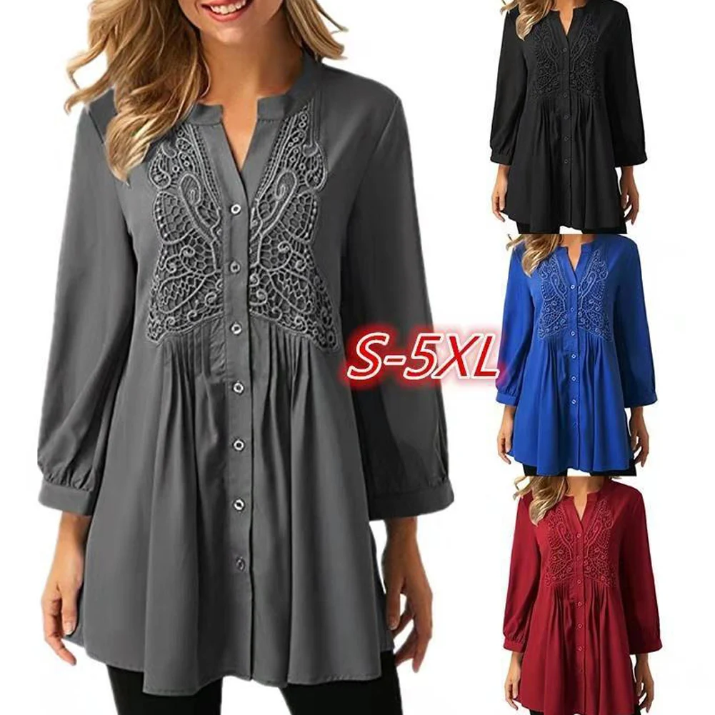 

OL lady lace crochet blouses winter long sleeve women button long blouses shirt chiffon lace plus size s m l xl 2xl 3xl 4xl 5xl