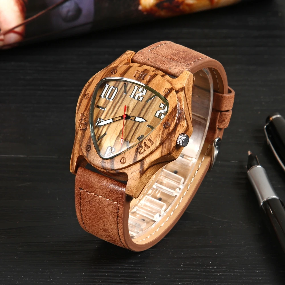 

Creative Wood Watch Women's Watches Triangle Dial Ladies Genuine Leather Band Colorful Bamboo Wood Female Quartz Watch 2020 New