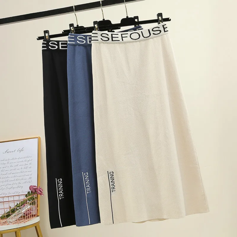 

Women's knit long skirt winter warm sweater striped A-line pants long skirt Letter high waist slim mid-length bag hip skirt