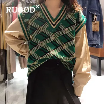 

RUGOD 2019 New autumn plaid sweater for women v neck patchowork long sleeve knitted loose vintage chic sweater pullovers fashion