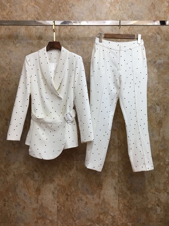 

2019 Early Autumn New Female Point Belt Long Sleeve Suit Top + Trousers Point Suit 819