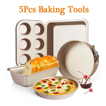 

5Pcs Baking Tools Set Bakeware Even Cake Mold/ Slipknot Cake Mold/ Pizza Pan/ Toast Box/ Steel Plate Kitchen Accessories