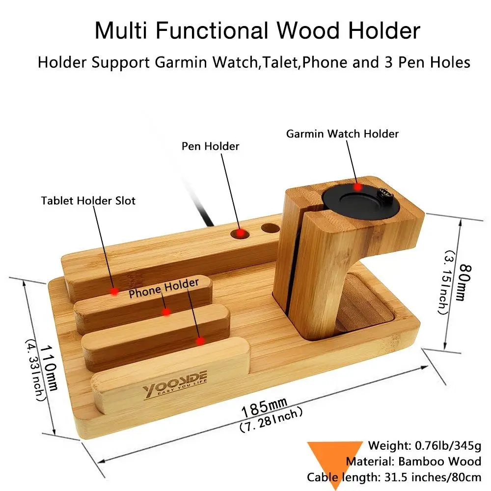 Kopen Fenix 6 Bamboe Hout Fenix Charger Charing Dock Houder Voor Garmin Fenix 5 5X 5 S Bureau station Organizer Met Charing Kabel