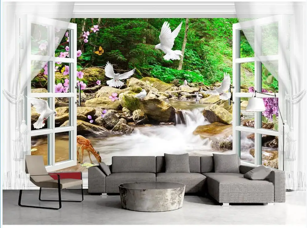 

Custom mural 3d photo wallpaper Scenery outside the window waterfall forest white dove room wallpaper for walls 3 d in rolls