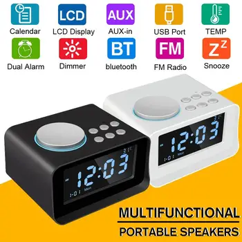 

Portable LED Digital Dual Alarm Mirror Clock bluetooth Bass Speaker FM Radio USB Charger Ports Music Player Snooze Temperature