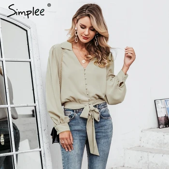 

Simplee Office ladies short blouses shirts V neck lantern sleeve sash bow tie female blouse Autumn winter buttons women top 2019