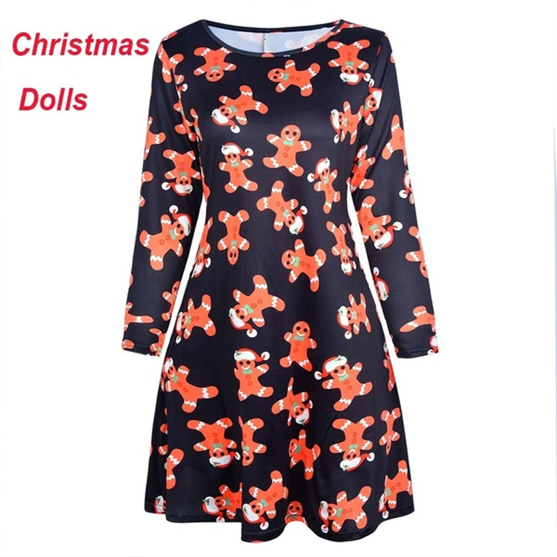 330 Christmas Dolls S-5XL размера плюс, рождественское платье с круглым вырезом и длинным рукавом, принт оленя, снеговика, женская одежда, повседневные свободные вечерние платья до колен - Цвет: 330 Christmas Dolls