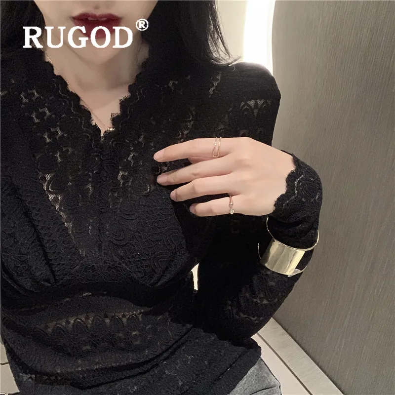 RUGOD весенний кружевной топ, корейский топ с пышными рукавами, Кружевная блуза с длинным рукавом, женская одежда, Женские топы и блузки