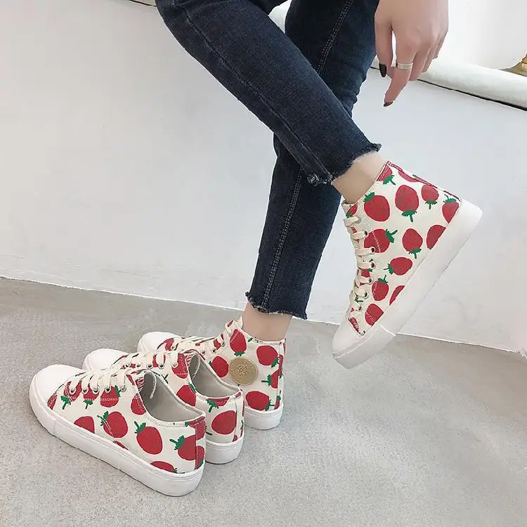 

2019 Strawberry Female Students Shoes Korean-style INS Super Fire Spring Canvas Shoes High Low Top Sneakers Harajuku Versatile