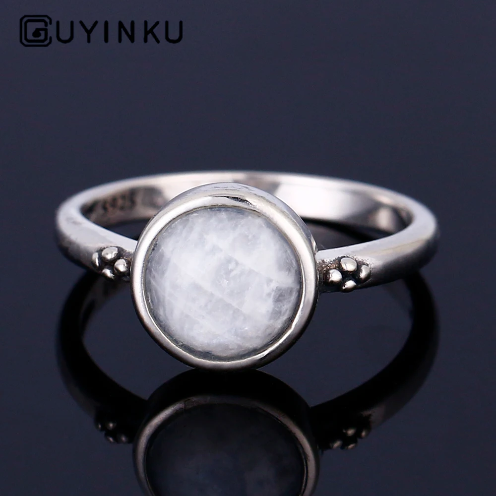 

2019 925 Sterling Silver Ring Round 8MM Natural Moonstone Retro Flower Ring Engagement Wedding Party Gift Wholesale