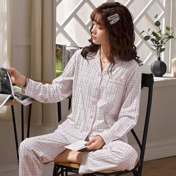 

Korean Pajamas Set For Women PJs Long Sleeves Button-Down Pijamas Women 2020 Cute Sleepwear Set 2PCS Home Wear Pyjama Femme