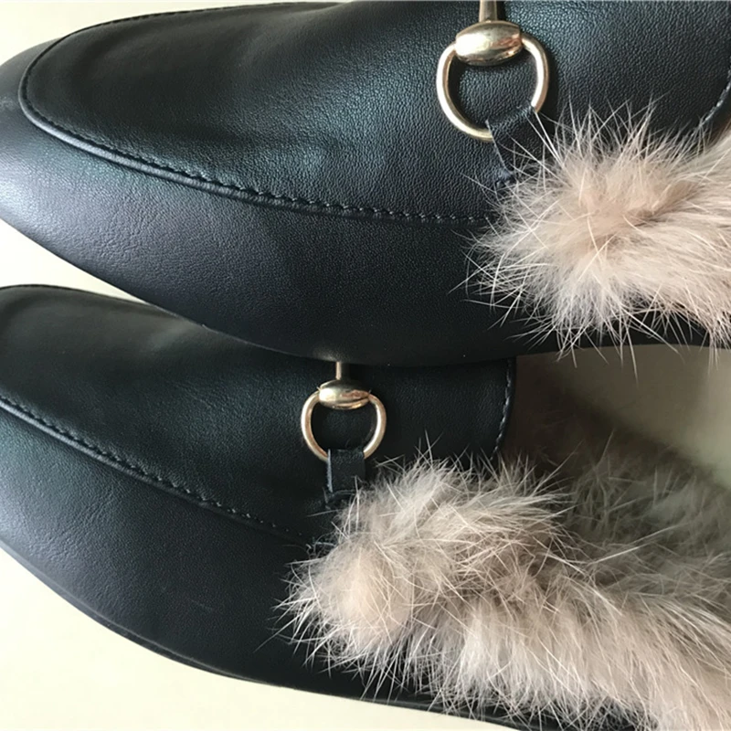 Najtaniej MIULAMIULA projektanci marki 2019 zima luksusowe czarne morele metalowy łańcuch płaskie skórzane kapcie poślizgu na futro slajdy mokasyny muły