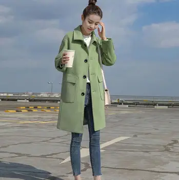 

High-quality retro solid color mid-length woolen coat women 2020 autumn winter grass green woolen coat blended robe coat femme