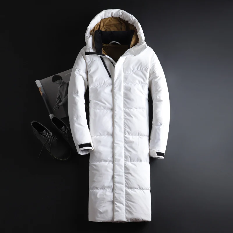 Мужская куртка-пуховик на белом утином пуху,, зимняя Толстая теплая длинная парка с капюшоном для мужчин-30 градусов, ветровка, водонепроницаемая длинная куртка, пальто для мужчин