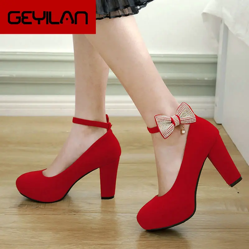 

2019 New Female Flock Platform High Heels Bow Knot Square High Heels Pumps Buckle Spring Autumn Shoes Blue Red Black