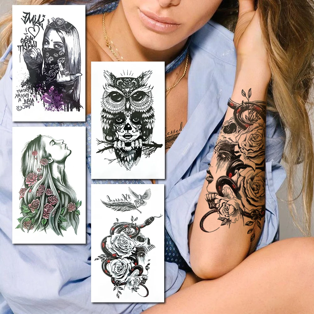 Temporary Tattoos Women Men Skull Fake Flower Feather Body - AliExpress