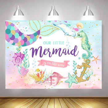 

Little Mermaid Baby Shower Backdrop for Photo Shoot Newborn Kids Birthday Background Sea Conch Dolphin Seahorse Photocall