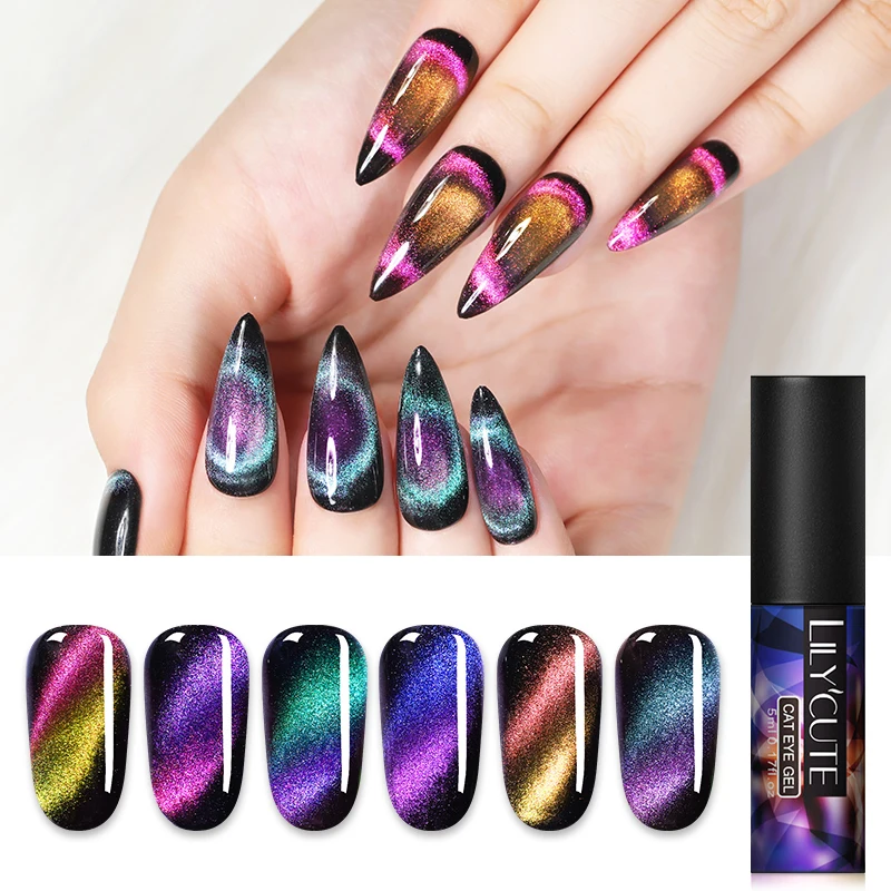 LILYCUTE, 5 мл, 9D, Auroras, кошачий глаз, УФ-Гель-лак, магнитный гель, фиолетовый, синий, сияющий, замачиваемый, УФ светодиодный, Гель-лак для дизайна ногтей