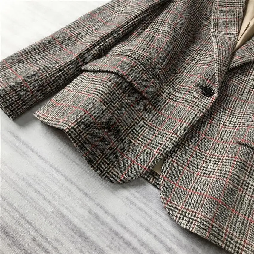 

Export Japan Order Wool Plaid Small Suit Coat Women's Loose-Fit Retro Early Autumn Short Blazer