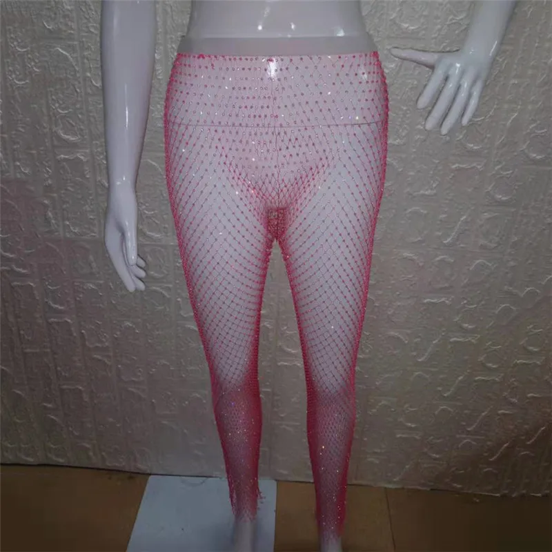 Для женщин Кристалл Алмазы Стразы в сеточку Сексуальная Туника полной длины брюки сетки Выдалбливают прозрачные Клубные вечерние пляжные брюки - Цвет: Розовый
