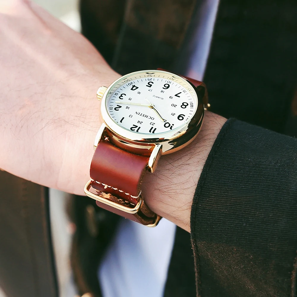 OCHSTIN Men's Quartz Pilot Watch Classic Vintage PU Leather Men WristWatches Waterproof Gold Nylon Strap For Male Clock Vintage