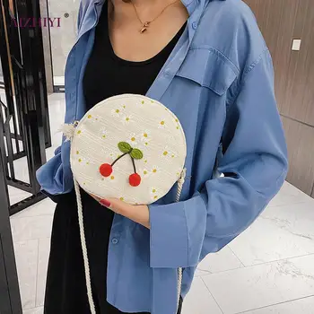 

Cherry Round Shoulder Handbags Classic Texture Creative Design Women Daisy Circle Small Canvas Crossbody Bags