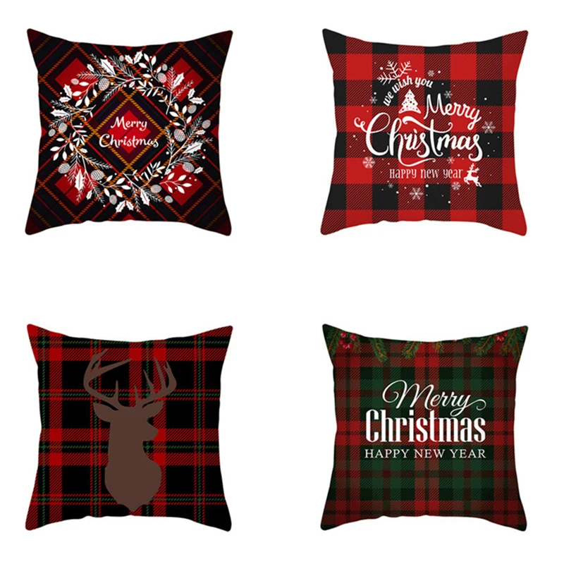 

Vintage Red Grid Christmas Pillow Covers Decorative Cushion Cover Cartoon Deer Snowflake Printed Waist Pillowcase 45*45cm
