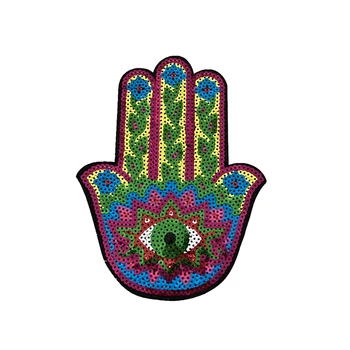 

New Arrival Hamsa Hand Sequined Iron on Patches for Clothes DIY Garment Accessories Big Hand Eye Sequins Embroidery Applique 2PC