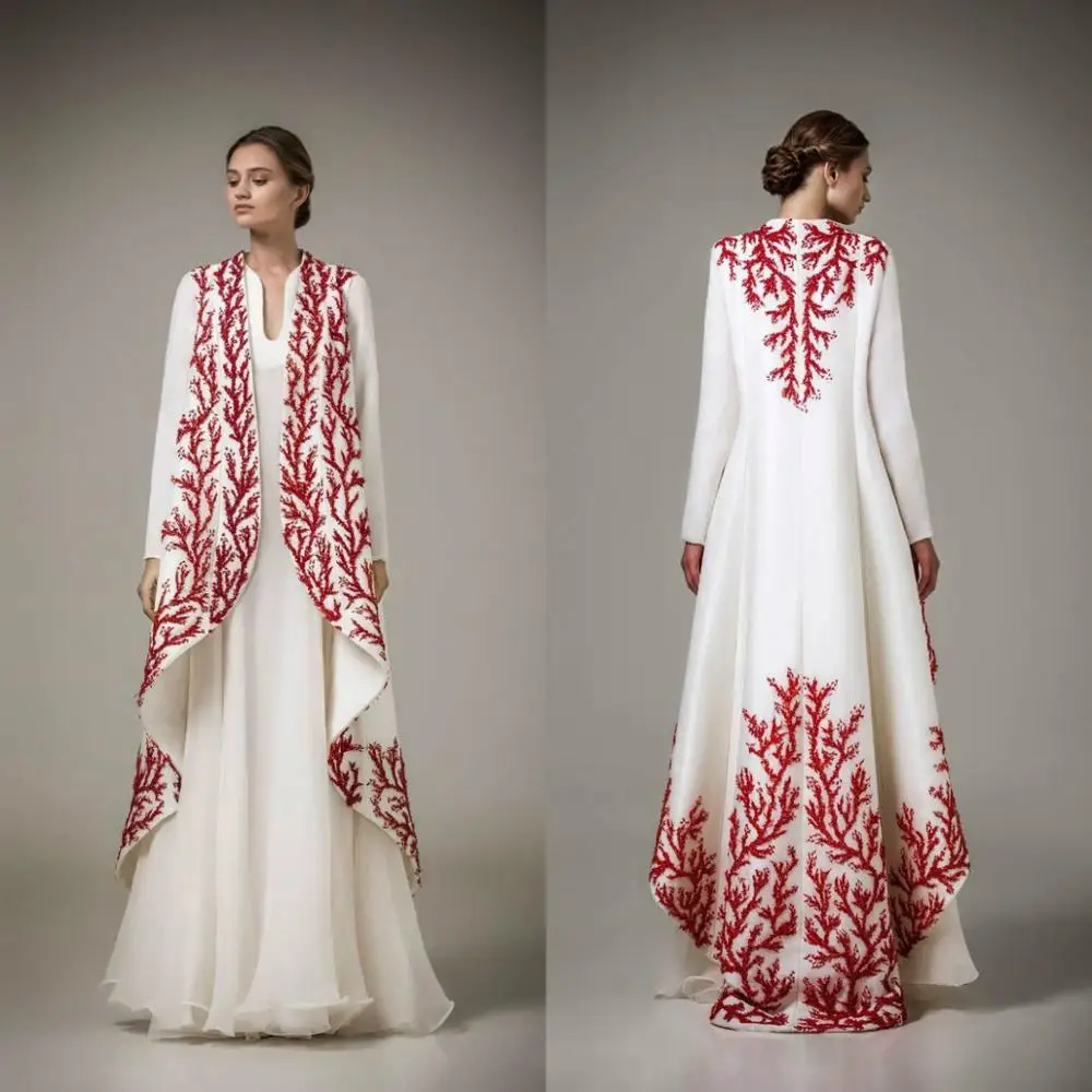 Arabische Dubai Kaftans Avondjurken Moslim Rode Borduren Lange Mouwen Floor Lengte Partij Jassen Avondkleding Custom Made Arabische Dubai Kaftans Avondjurken Moslim Rode Borduren Lange Mouwen Floor Lengte Partij Jassen Avondkleding Custom Made