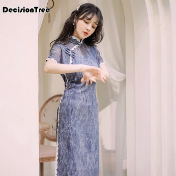 

2020 kchinese dress cheongsam qipao cheongsam modern women chiffon lace gowns Vintage Embroidery Flower Women Qipao Vestidos