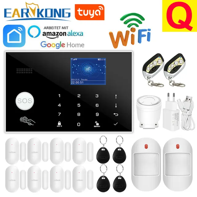 Wifi GSM Alarm System 433MHz Home Burglar Security Alarm Wireless Wired Detector RFID Touch Keyboard Temperature Humidity Alexa Q