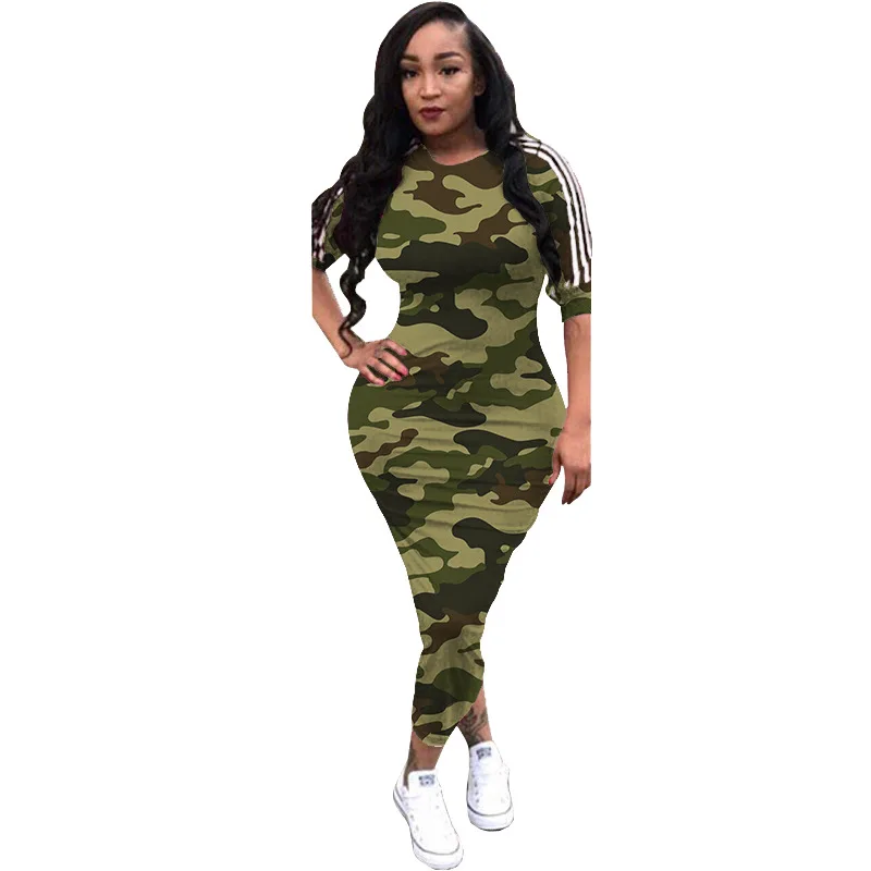 Green ZKYZWX камуфляжное облегающее платье для женщин vestidos Половина рукава уличная сторона полосатый повседневные миди-платья - Цвет: Green