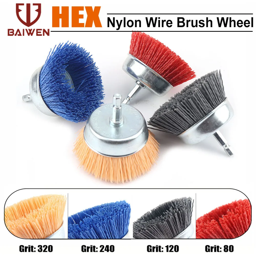 3 Inch Tasse Nylon Schleif Pinsel Rad Bohrer Pinsel 1/4 "Hex Schaft für Metall Entfernen Rost Korrosion Malen Max RPM 4,500 – Detail 1