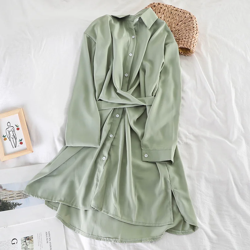

TYHRU Autumn Women's Solid Color Long Sleeve Lapel Single Breasted Belt Split Dress