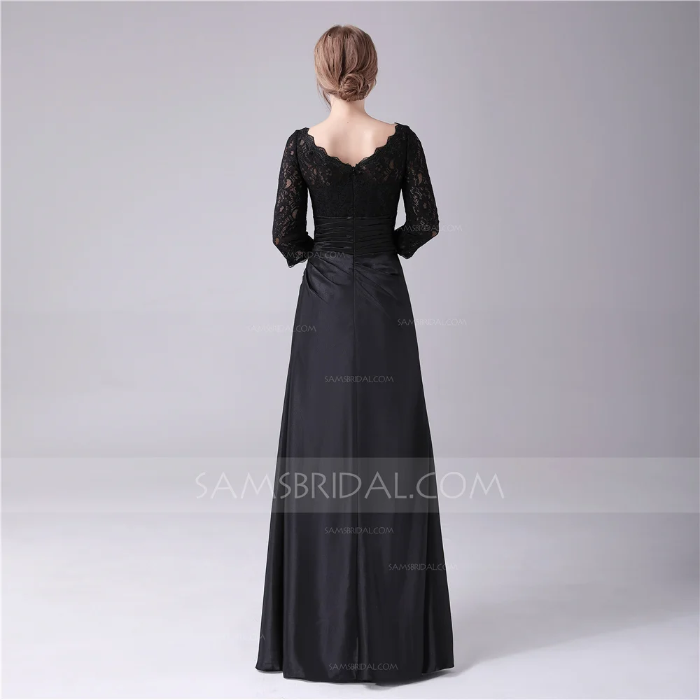 Sheath / Column Jewel Floor-length Chiffon Lace Evening Dress with Ruched Side-Draped