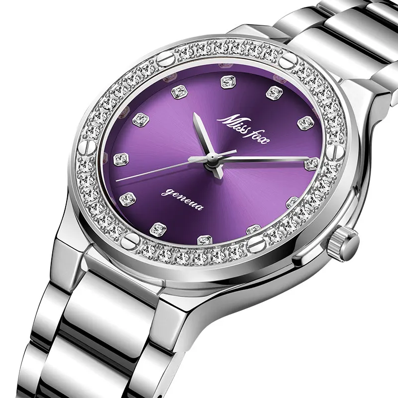 MISSFOX женские часы брендовые роскошные часы женские бриллиантовые Модные фиолетовые Geneva 18 К Золотые женские часы женские кварцевые часы - Цвет: 2742-SPU