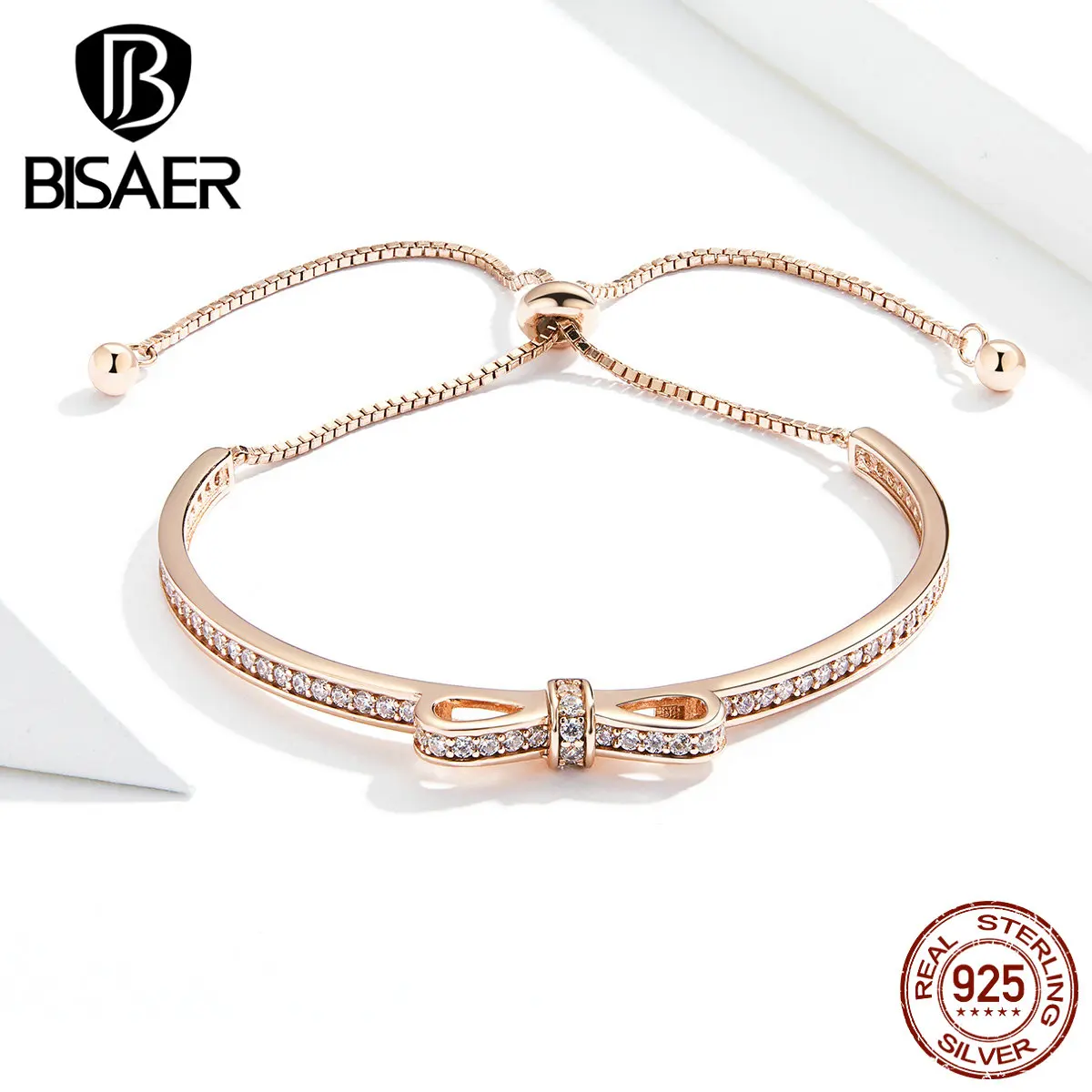 Браслеты с бантами BISAER, 925 пробы, серебро, кубический циркон, бант, Женская цепочка, теннисные браслеты для женщин, серебряные ювелирные изделия ECB108