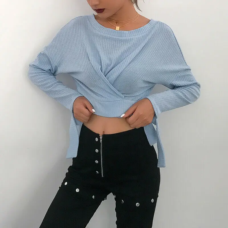 

asual Autumn Solid Knitted Sweater Women Pullover Criss-Cross Cropped Top Sweaters Adjustable Belt Jumper Pull Femme