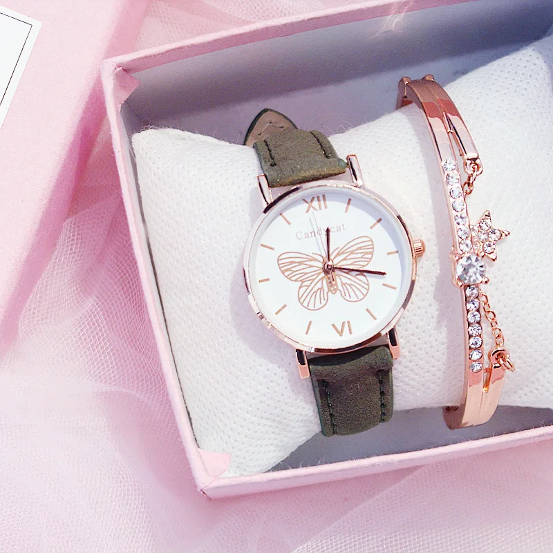 Часы с бабочкой, повседневные студенческие часы с кожаным ремешком, простой стиль, милые розовые наручные часы для девочек, подарок на день рождения, модные красивые часы