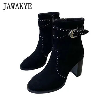 

New Black suede Chunky heels Ankle Boots Women Round toe Metal Buckle Rivets Studded winter Shoes White Chelsea High heel Boots