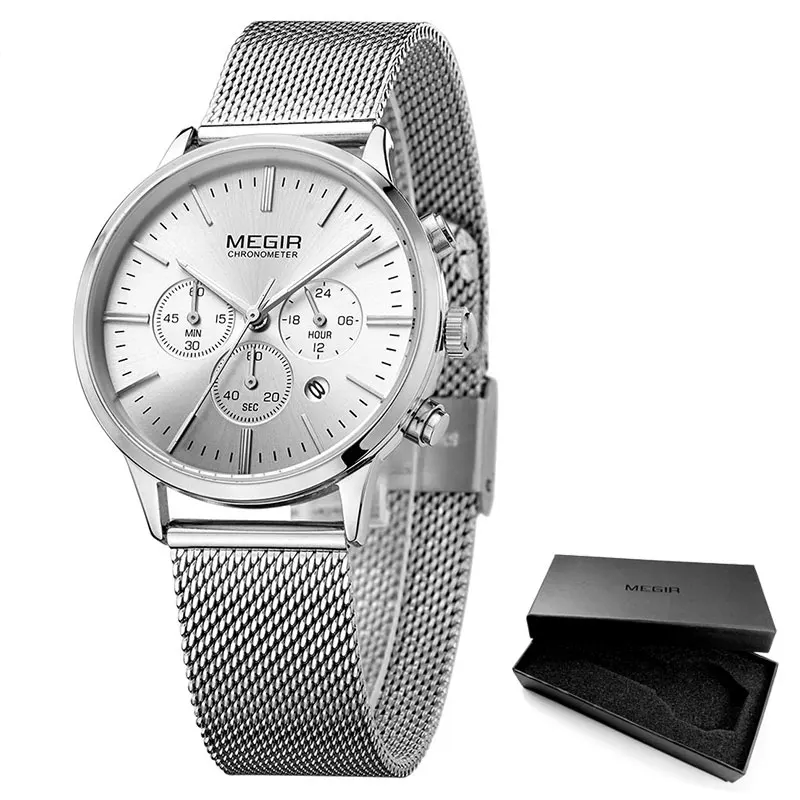MS2011L White MEGIR для женщин нержавеющая сталь сетки Bracelete кварцевые часы хронограф 24 часа дата дисплей аналоговые наручные часы для леди 2011L - Цвет: MS2011L White