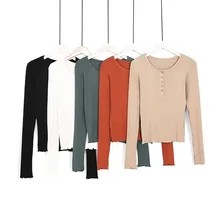 Женские сексуальные топы с круглым вырезом и длинным рукавом, однобортный укороченный топ, футболки, вязанный Ребристый черный белый топ, Женская Осенняя тонкая футболка