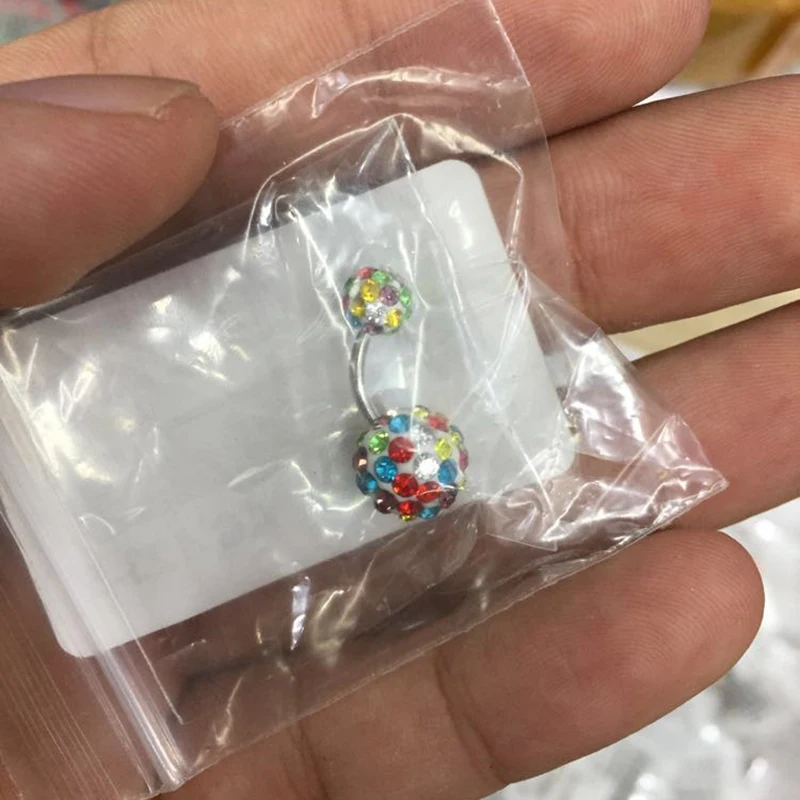 Mix Color Belly Button Rings Navel Piercing Bar Double Crystal Head Stainless Steel Cubic Zirconia Stone Body Jewelry