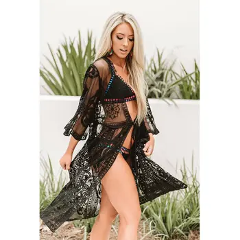

Summer Crochet Bikini Cover Up Women Bandage See-Through Swimwear Bathing Suit Lady Beach Dress Sexy Sunscreen Cover-Ups